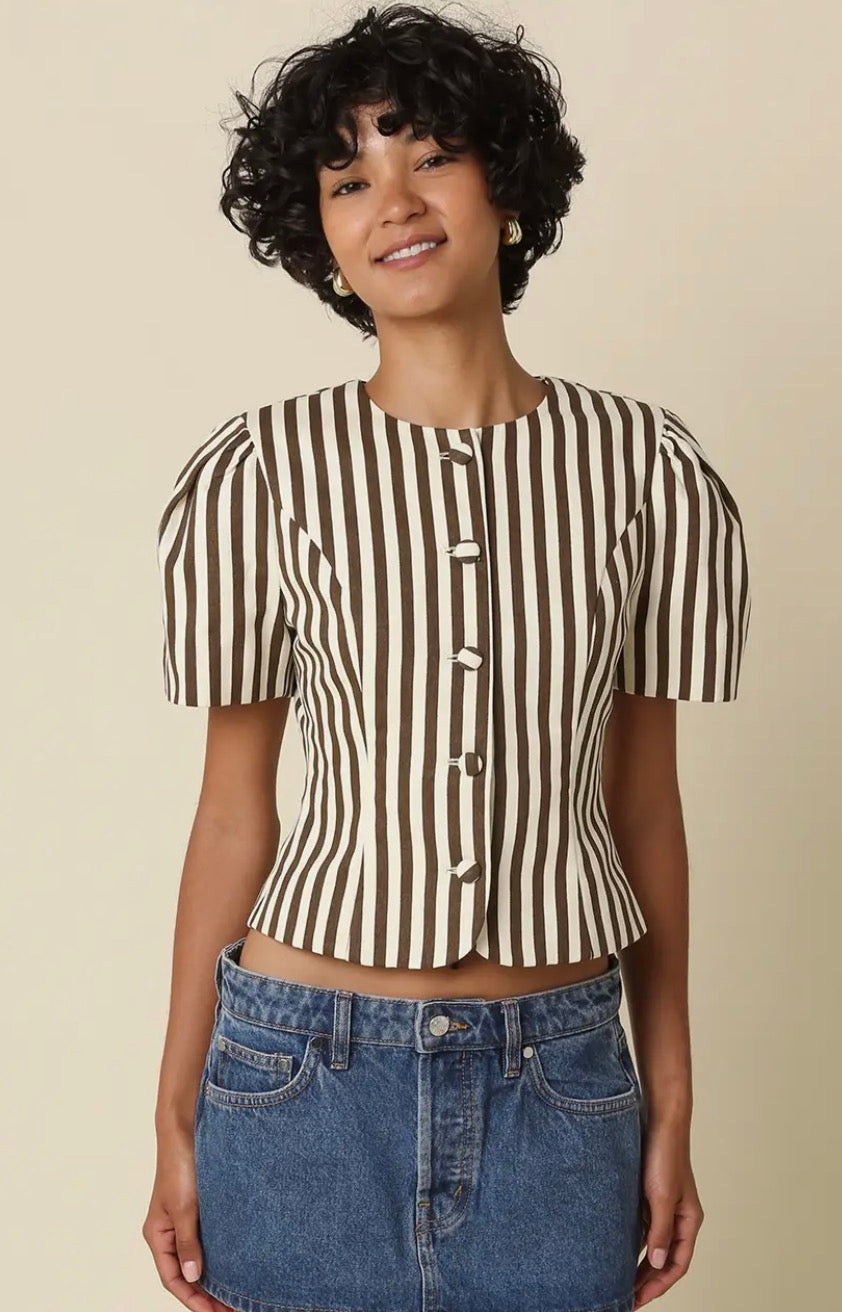 Brown Stripe Button Up Denim Top