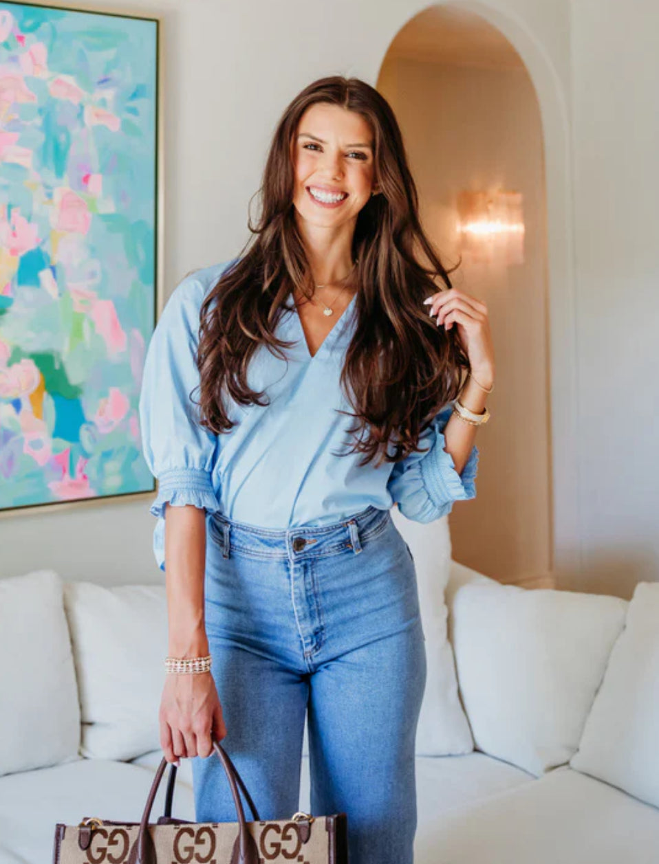 Solid Vneck Puff Sleeve Top in Baby Blue