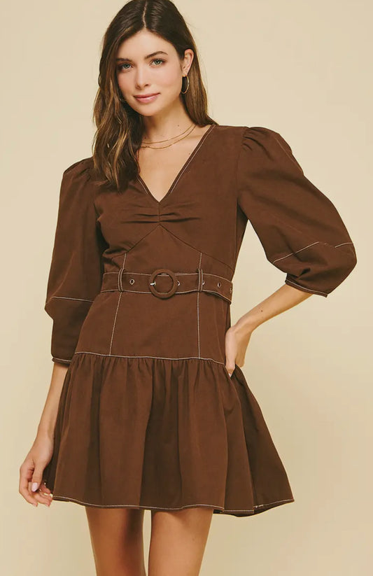 Brown Belted Mini Dress