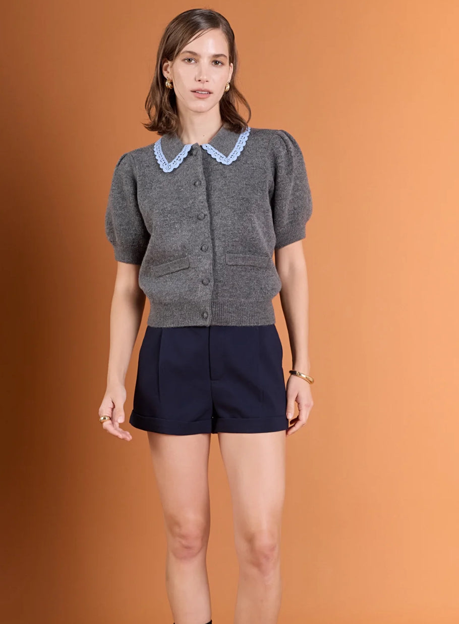 Lace Trimmed Puff Sleeve Cardigan