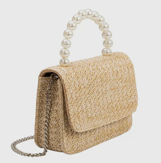 Pearl Top Handle Straw Bag
