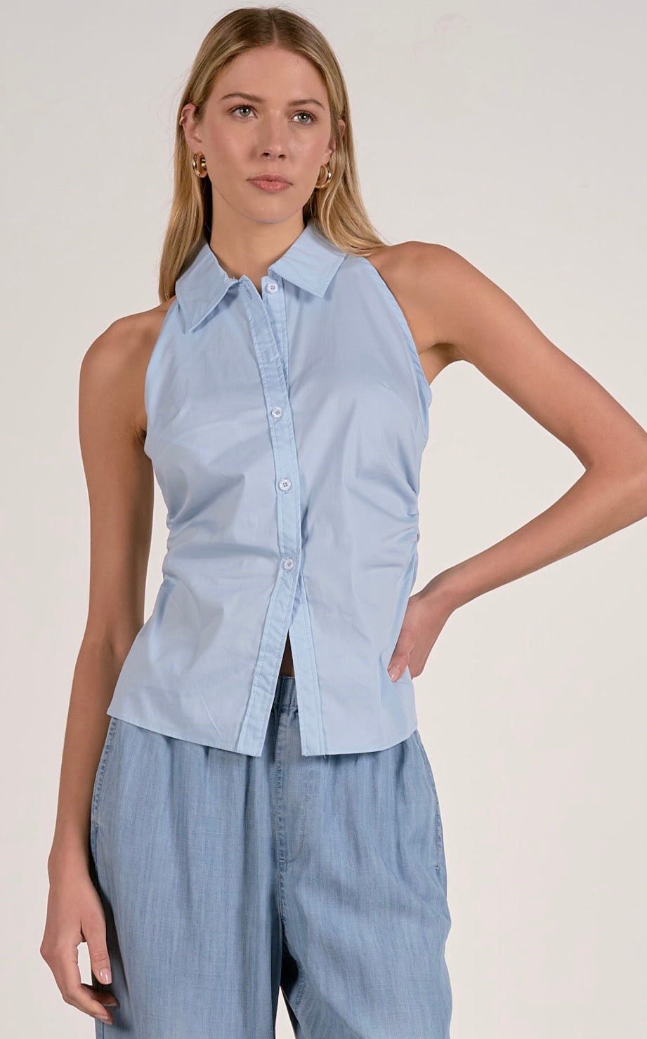 Sleeveless Collared Button Down