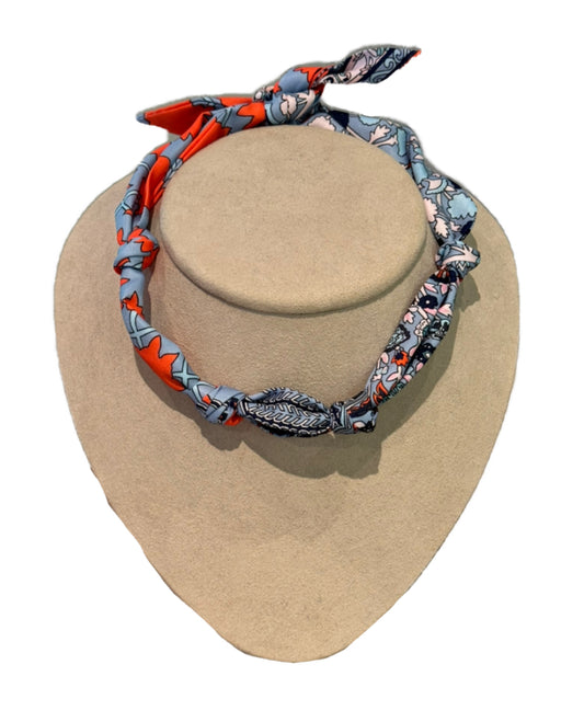 Knotted Carley Orange & Blue Bandana Scarf Necklace