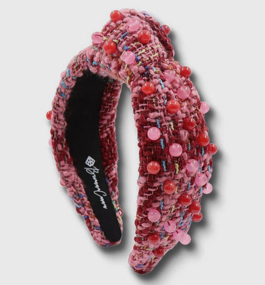 Pink & Red Beaded Tweed Headband