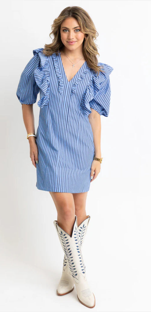 Blue Stripe Ruffle Dress (Size L)