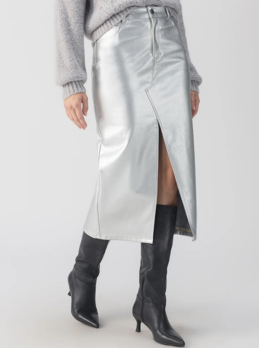 Silver Faux Leather Midi Skirt