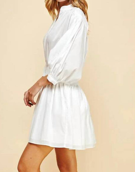 Mandarin Collar Smocked Mini Dress in White