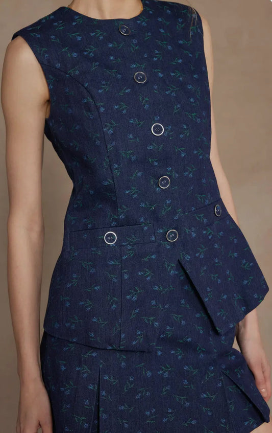 Floral Embroidered Vest in Blue