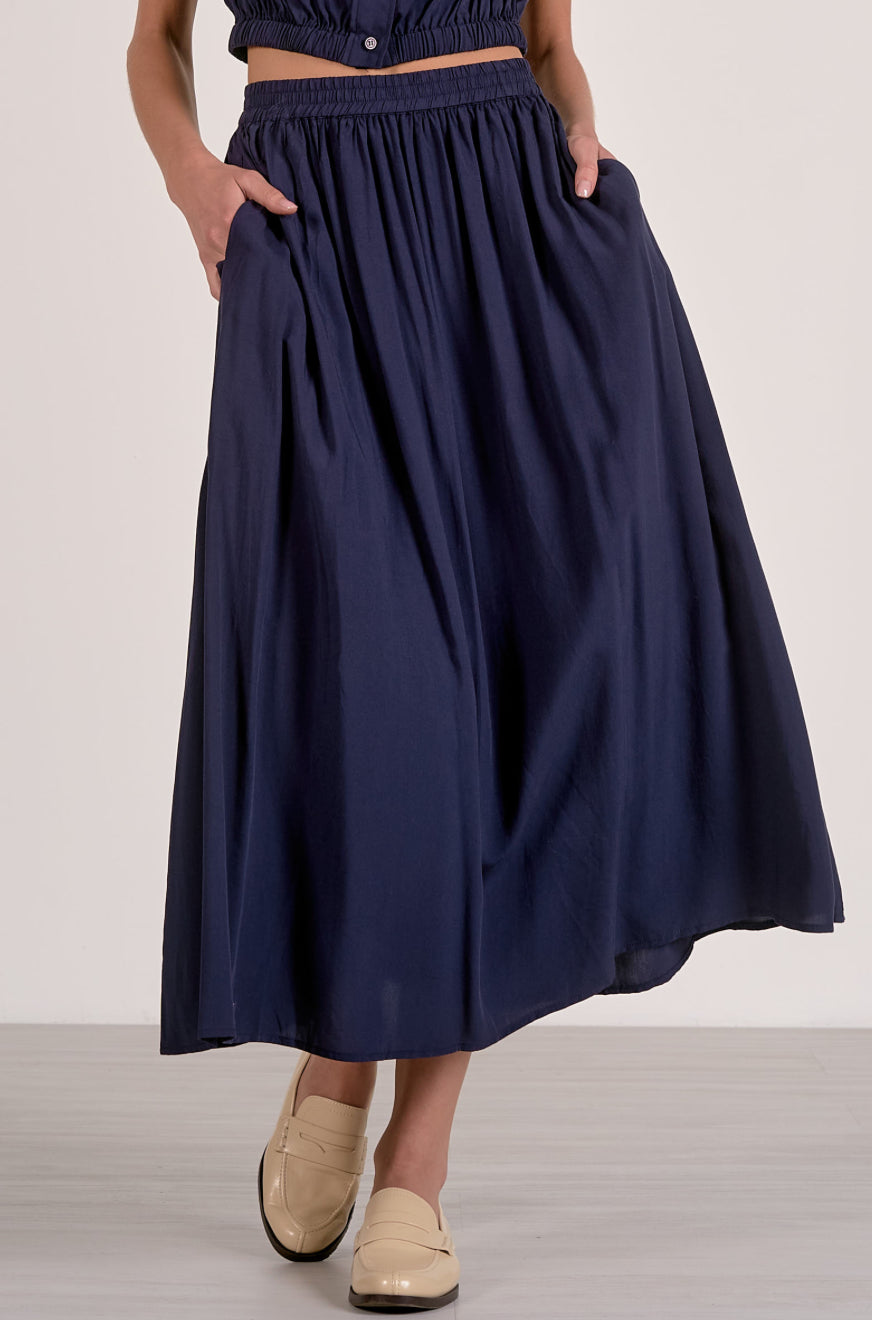 Navy Elastic waist Midi Skirt
