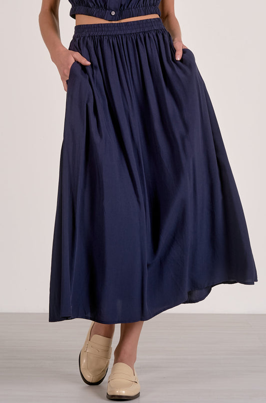 Navy Elastic waist Midi Skirt
