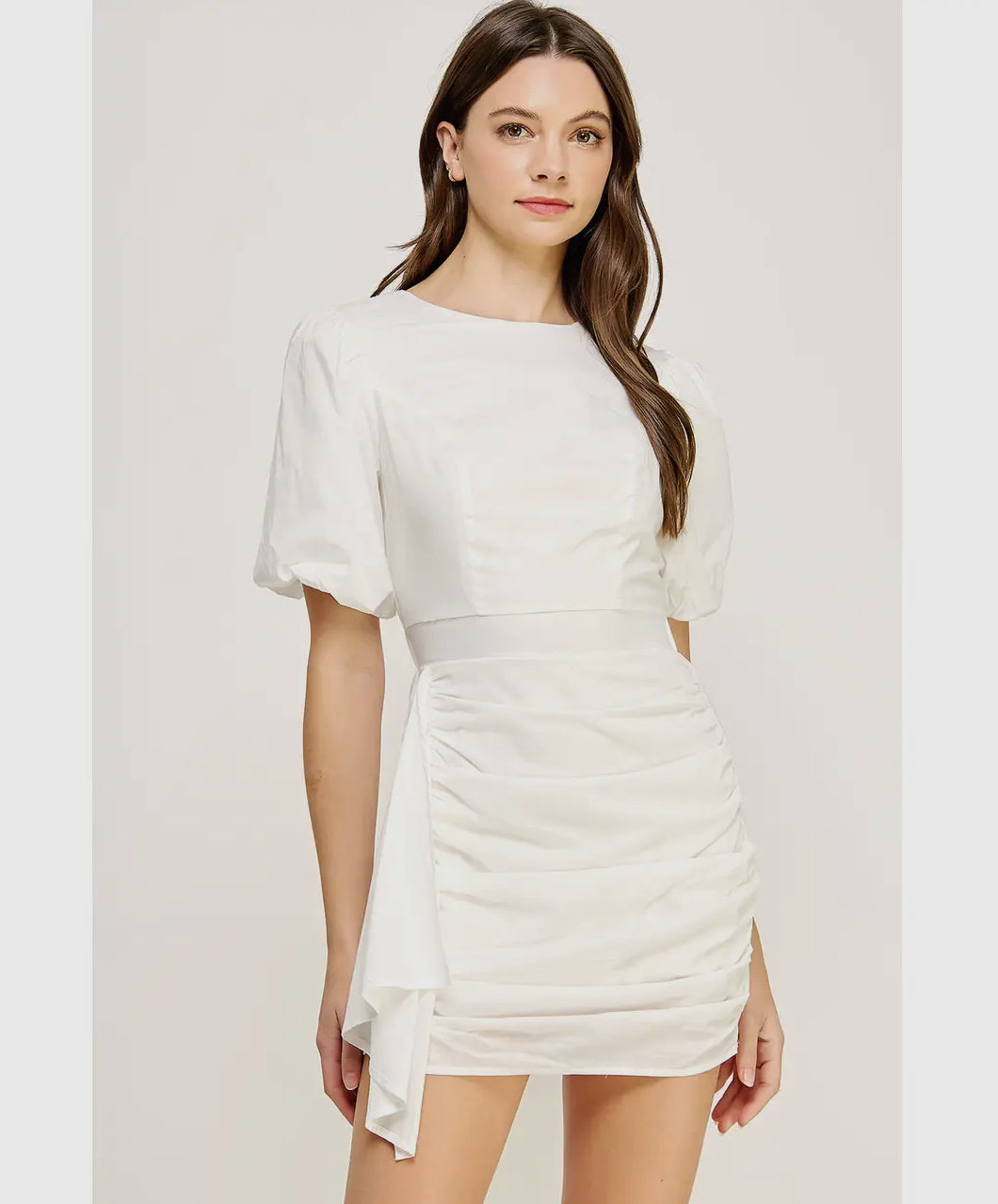 Ruched Short Puff Sleeve Voile Mini Dress