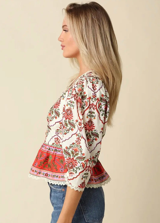 Cream Floral Peplum Top