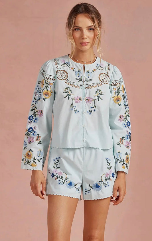 Light Blue Embroidered Shorts