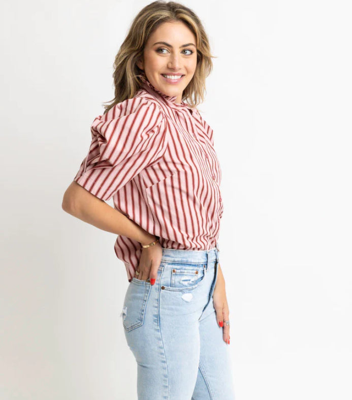 Stripe Puff Sleeve Ruffle Neck Top in Burgundy