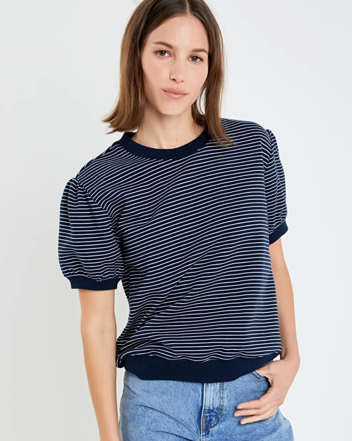 Stripe Terry Puff Sleeve Sweatshirt