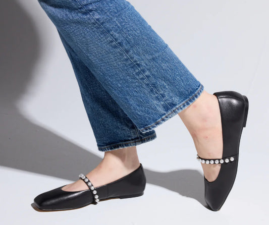 Cara Pearl Black Leather Ballet Flats