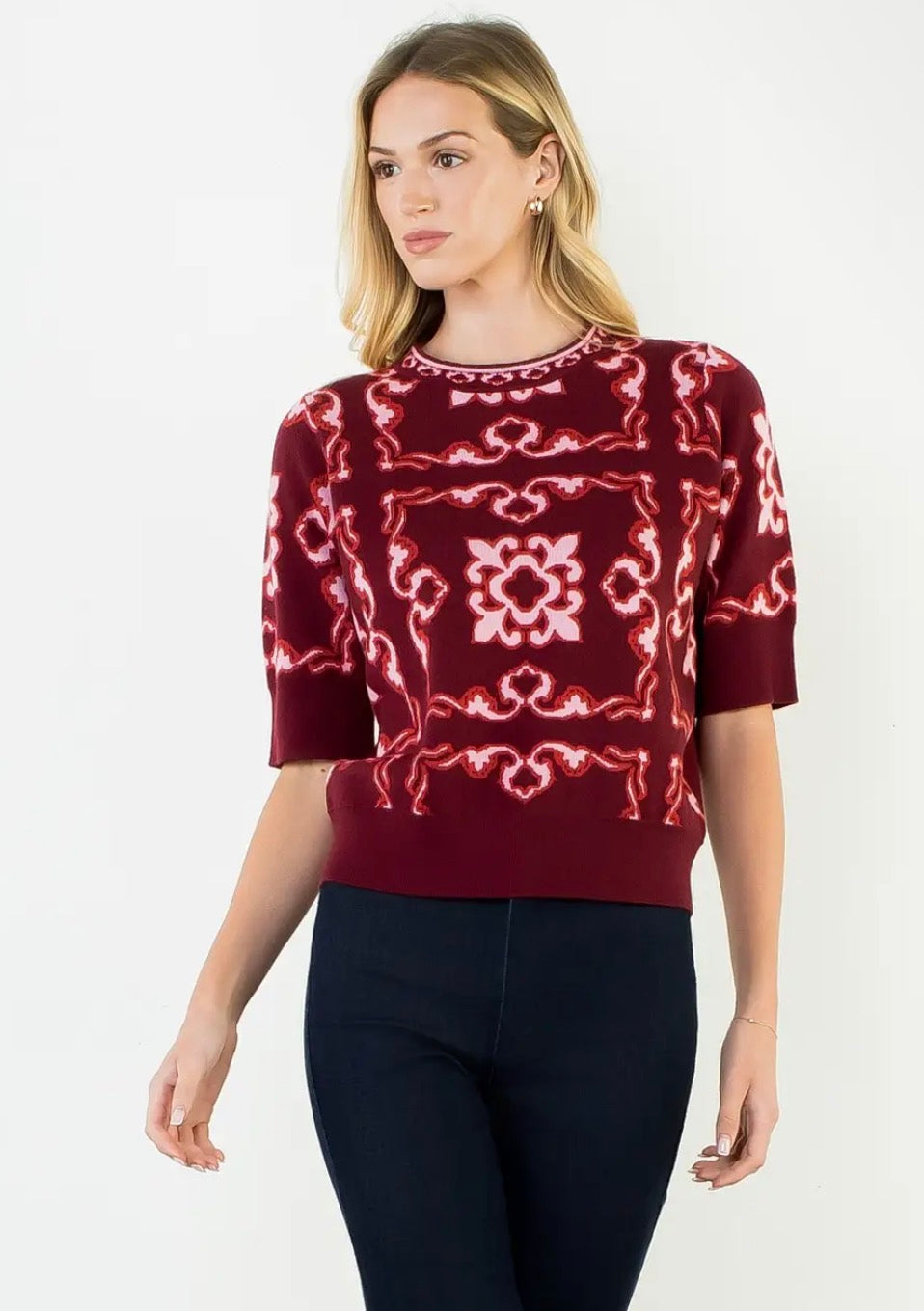 Short Sleeve Geometric Pattern Sweater