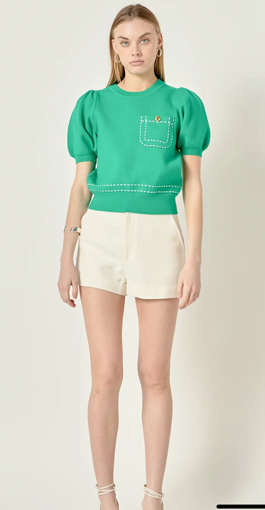 Puff Sleeve Stitch Detail Top-M