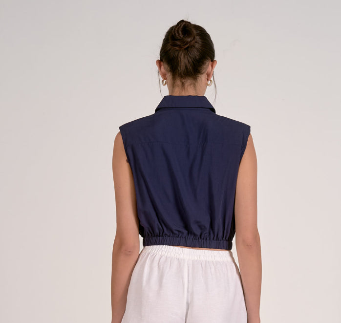Elastic Waist Button Top in Navy