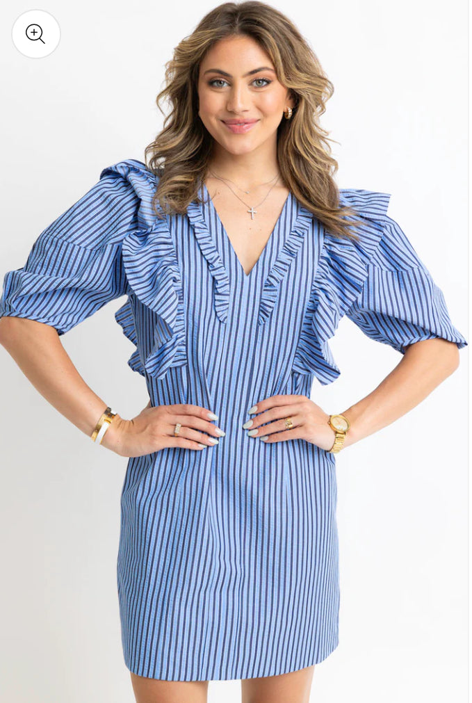 Blue Stripe Ruffle Dress (Size L)