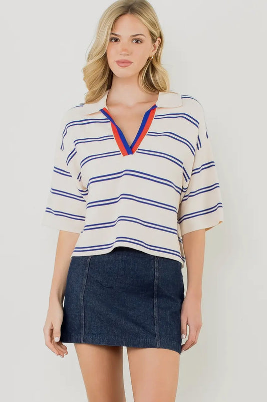 Vneck Collared Stripe Top