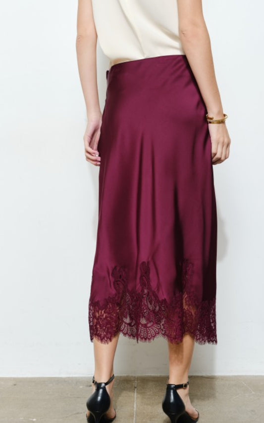 Wine Satin Midi Skirt