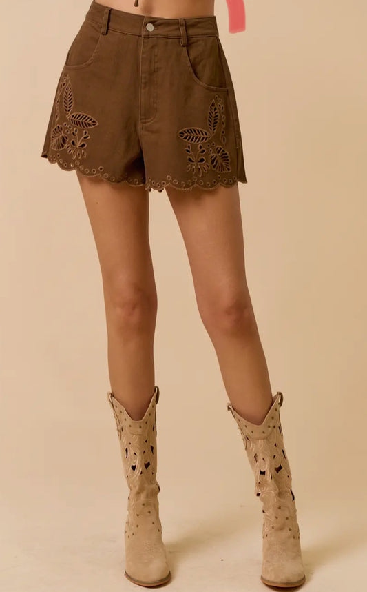 Embroidered Scalloped Brown Shorts