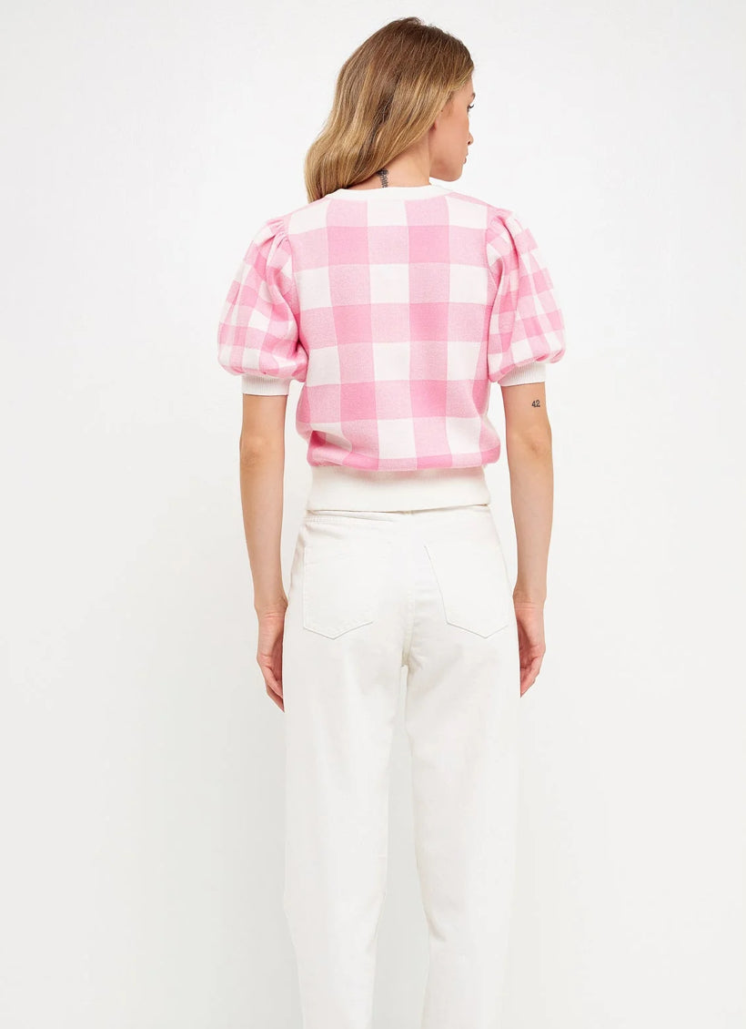 Pink Gingham Puff Sleeve Top