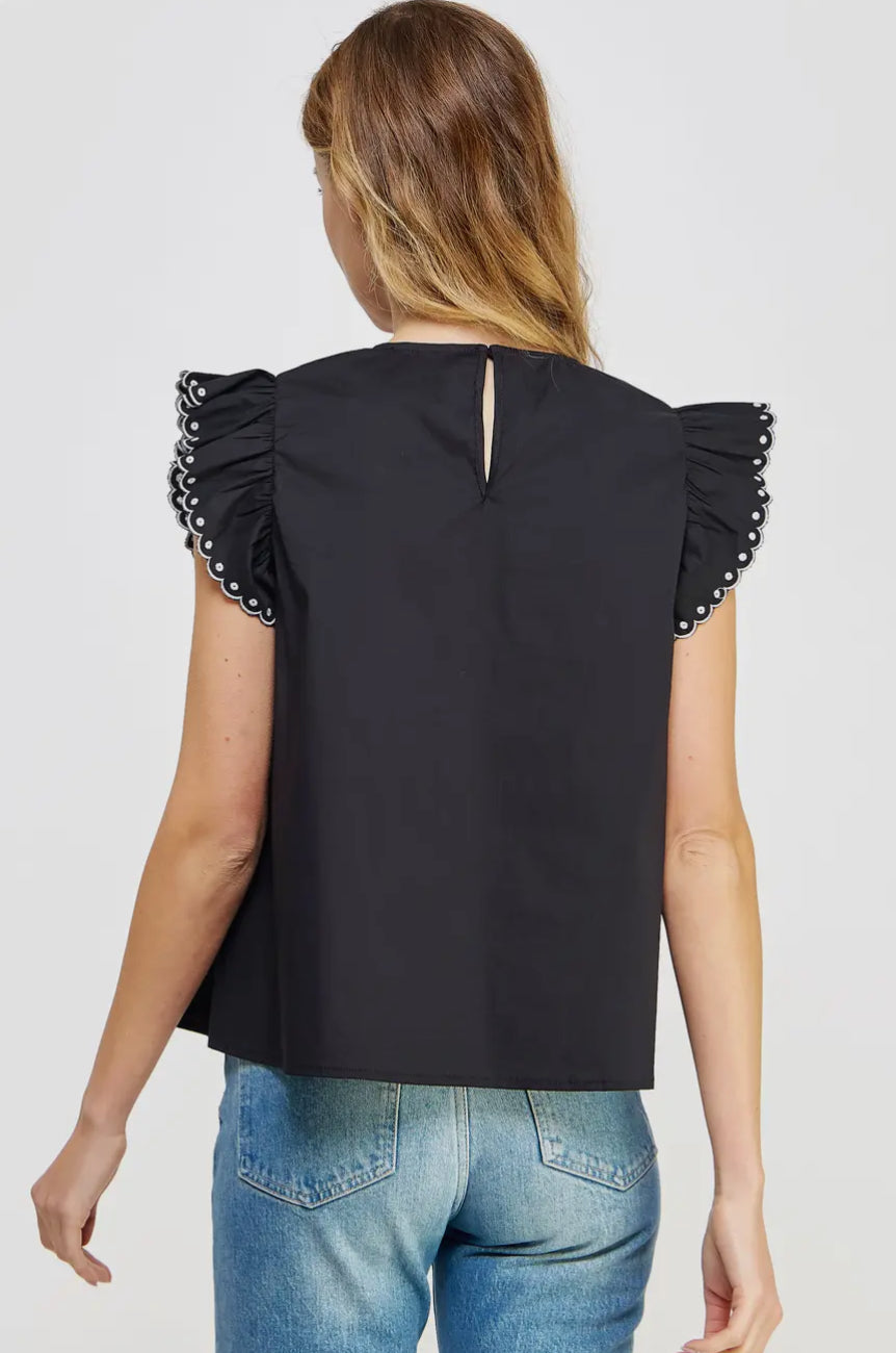 Embroidered Eyelet Poplin Top Black