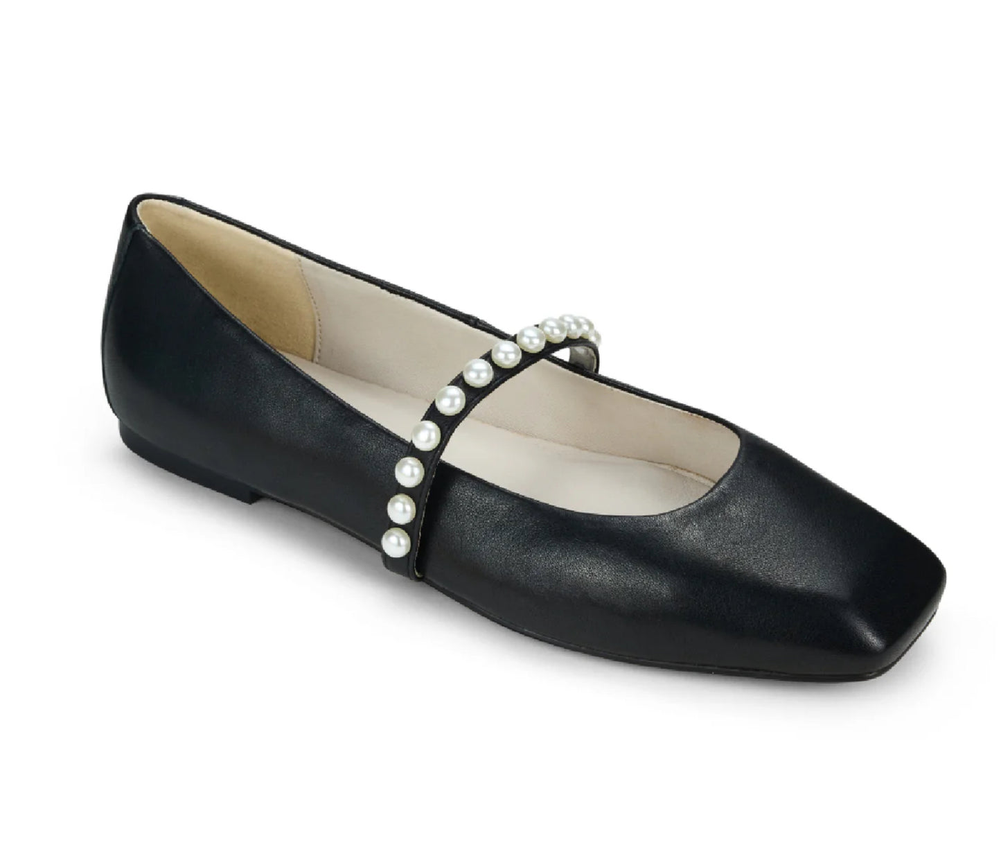 Cara Pearl Black Leather Ballet Flats