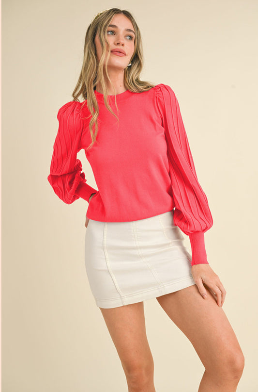 Pleated Sleeve Sweater in Scarlet