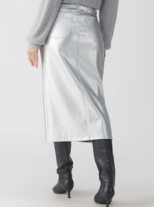 Silver Faux Leather Midi Skirt