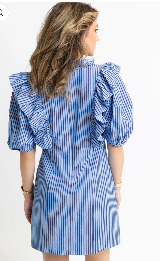 Blue Stripe Ruffle Dress (Size L)