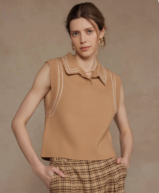 Sleeveless Collared Stitch Hem Top