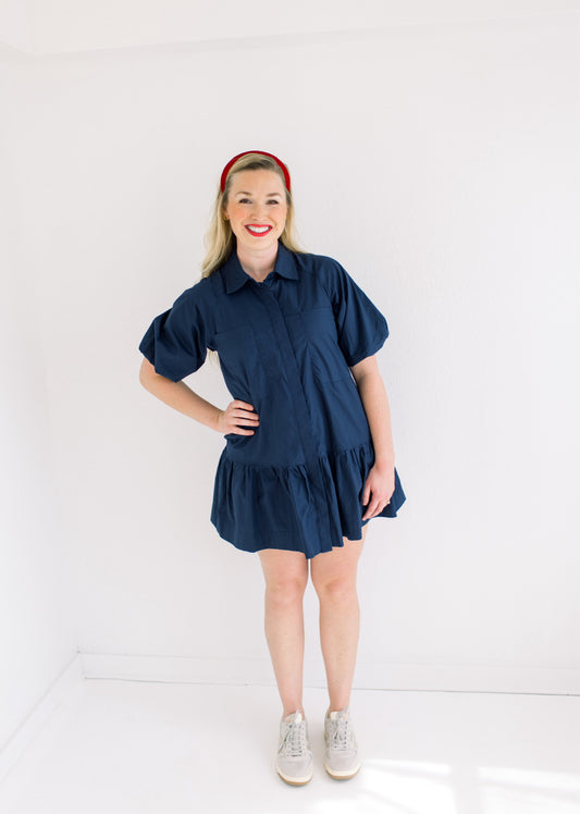 Button Down Mini Dress in Navy:last one-large