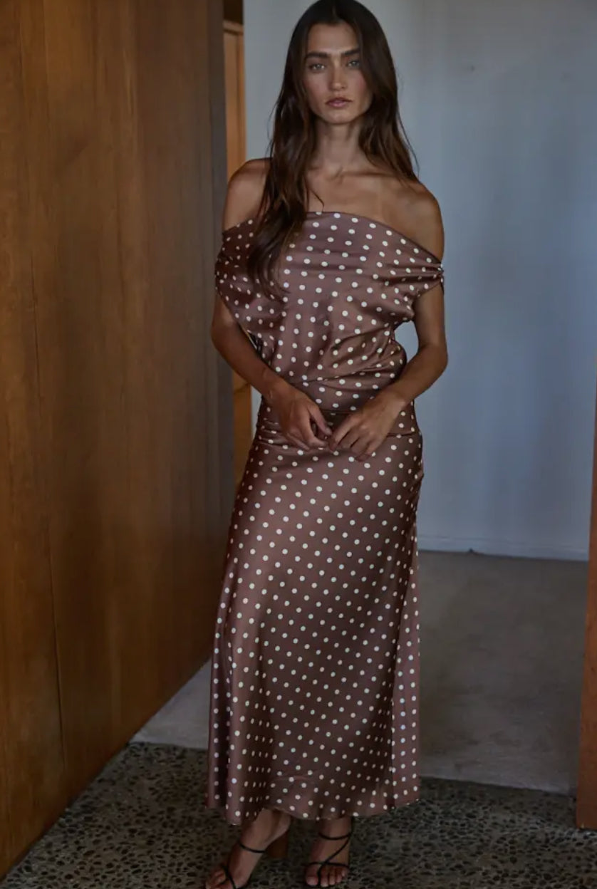 Satin Polka Dot Cowl Neck Maxi Dress