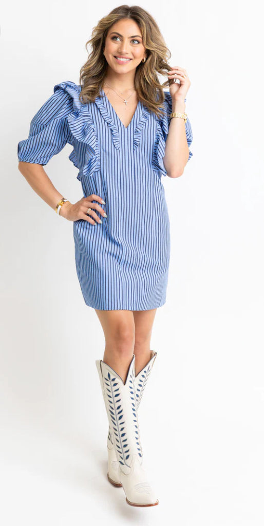 Blue Stripe Ruffle Dress (Size L)