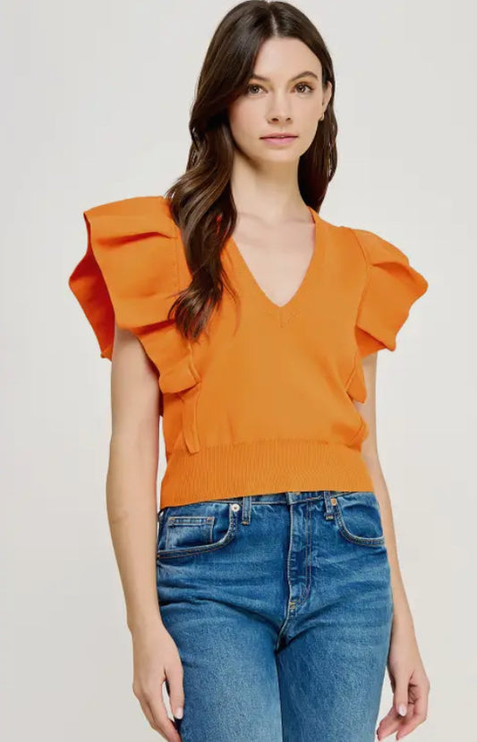 Pleated Knit Top in Orange