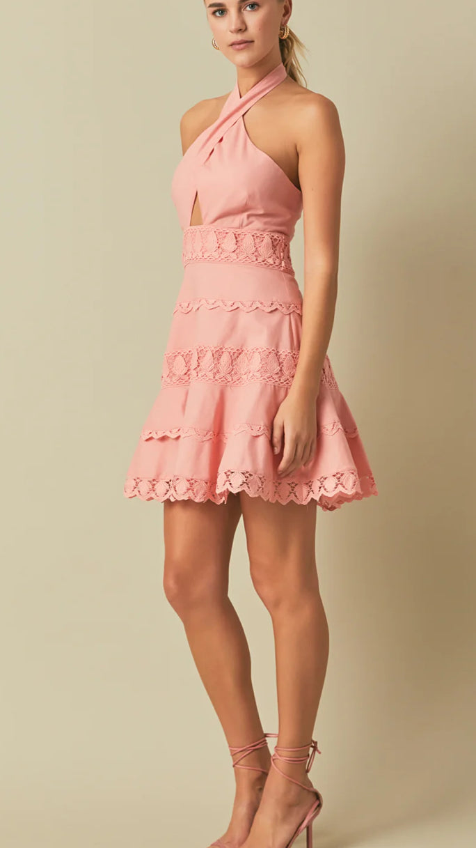 Halter Neck Lace Trim Dress