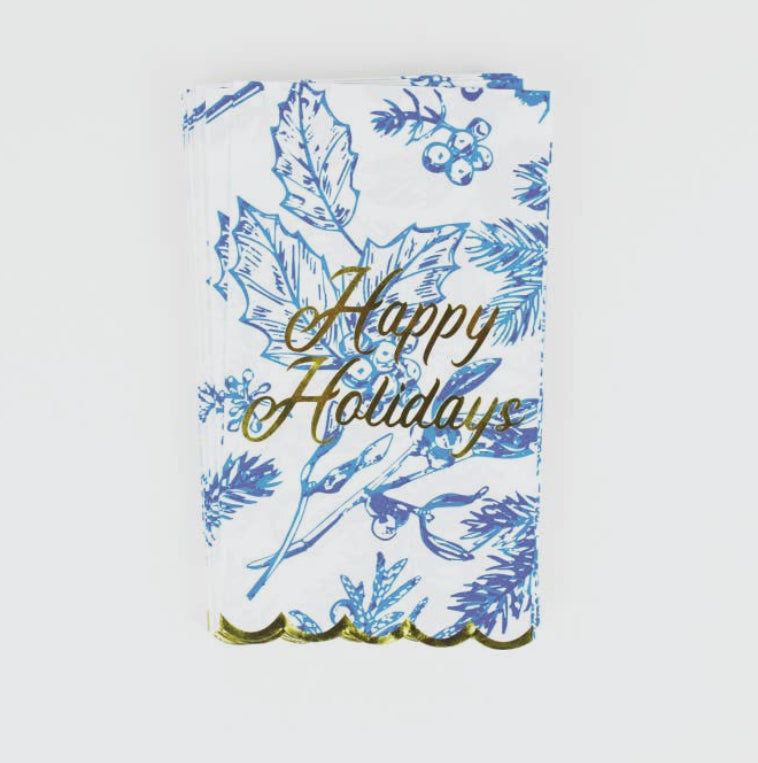 Happy Holidays Blue Floral Paper Guest Towels