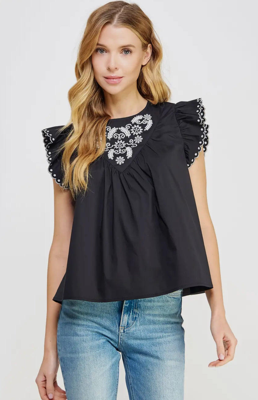 Embroidered Eyelet Poplin Top Black