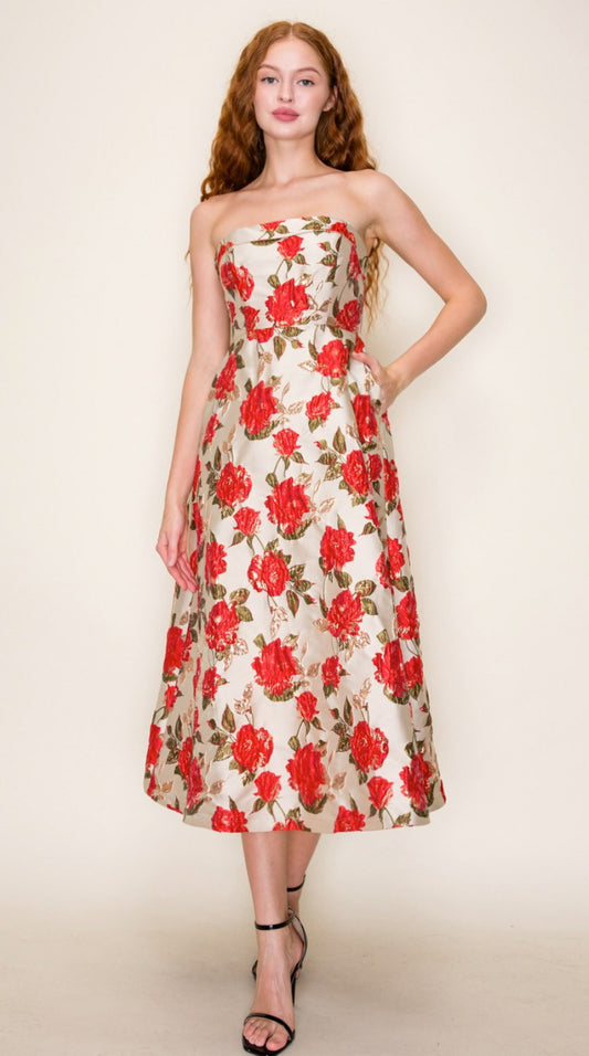 Strapless Floral Midi Dress