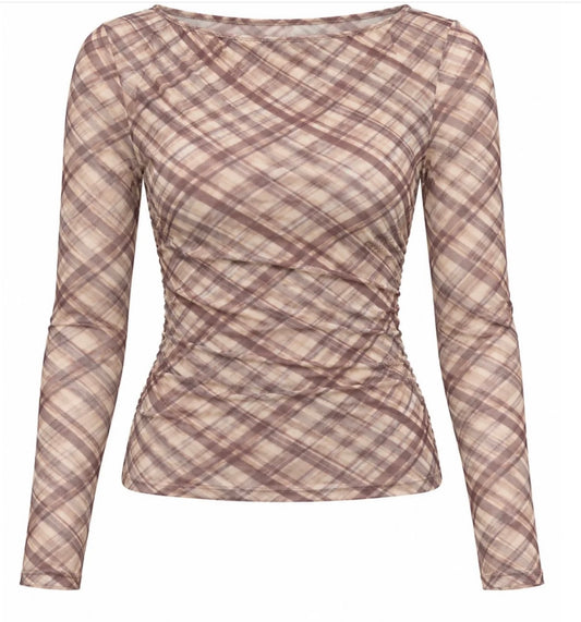 Zadie mesh Top in Brown Plaid
