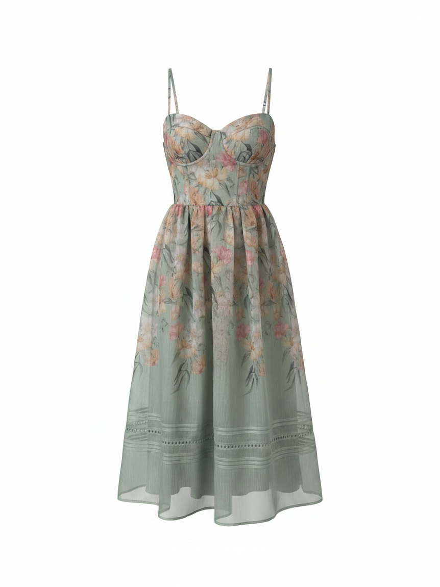 Organza Pintuck Corset Midi Dress