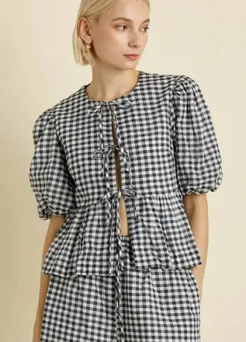 Gingham Navy Open Front Blouse