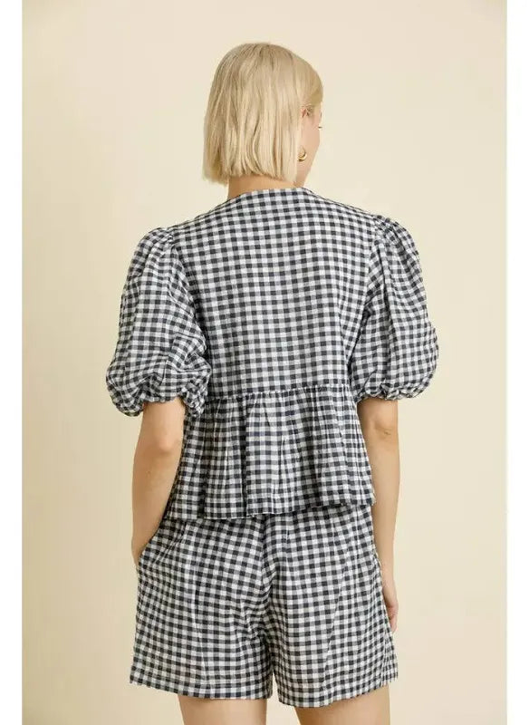 Gingham Navy Open Front Blouse