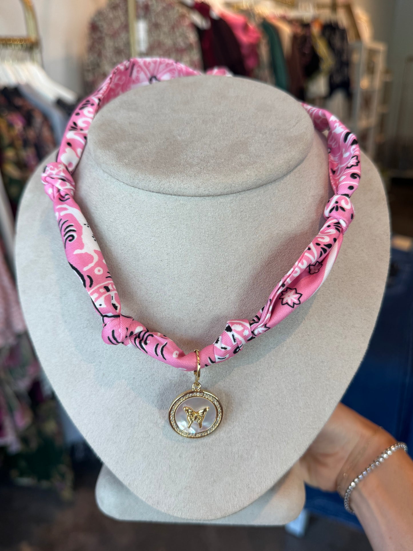 Pink Bandana Necklace with Butterly Charm