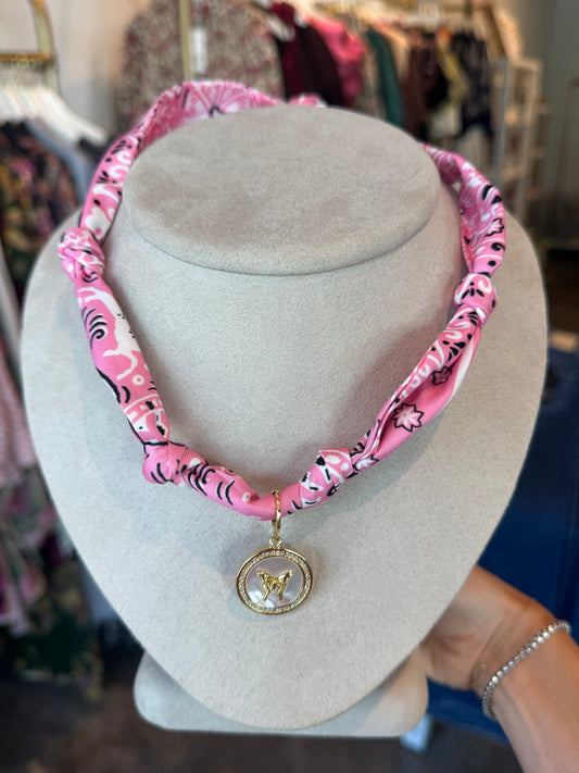 Pink Bandana Necklace with Butterly Charm