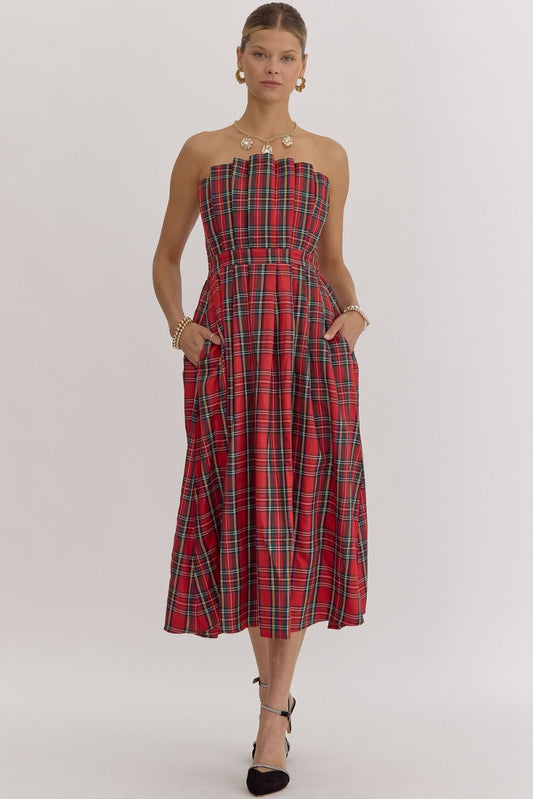 Plaid Strapless Midi Dress