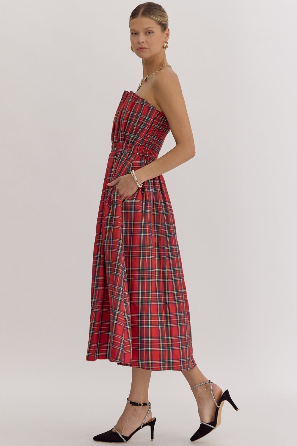 Plaid Strapless Midi Dress